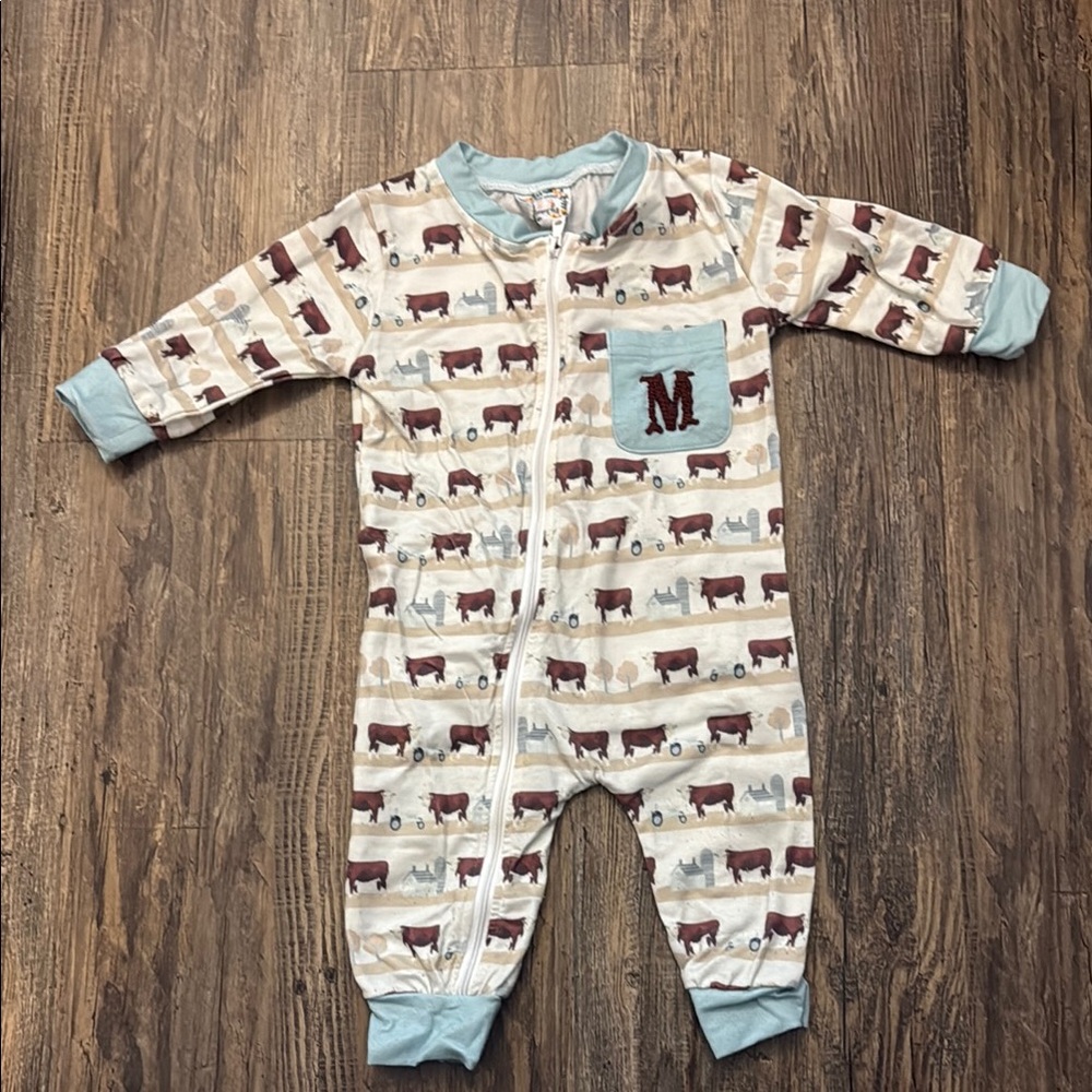 Saving Grace Smocks Blue and Cream Footies with Cow Pattern and French Knot “M”